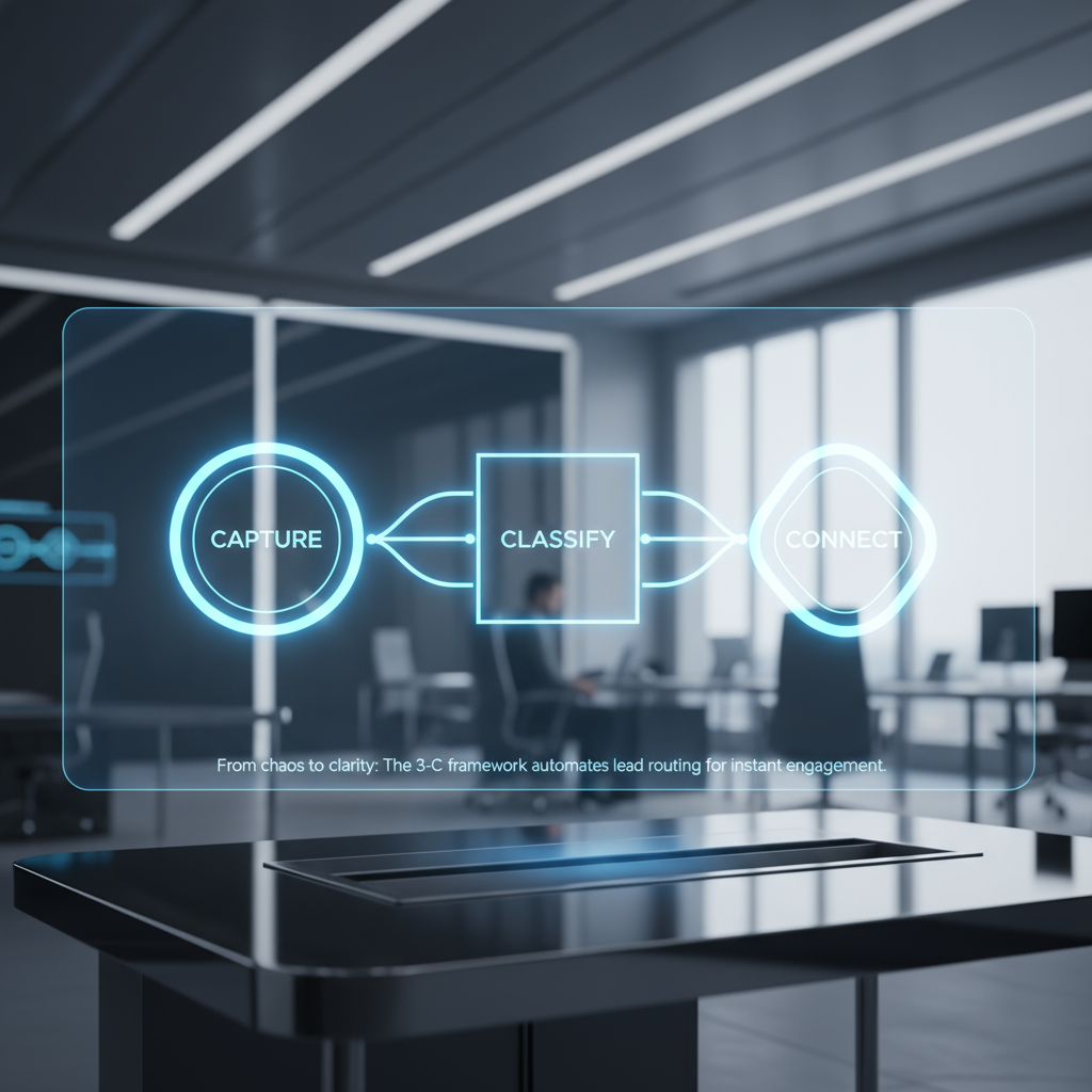 A clean, streamlined workflow diagram showing the 3-C framework: Capture, Classify, and Connect, with automated steps leading to a booked meeting.