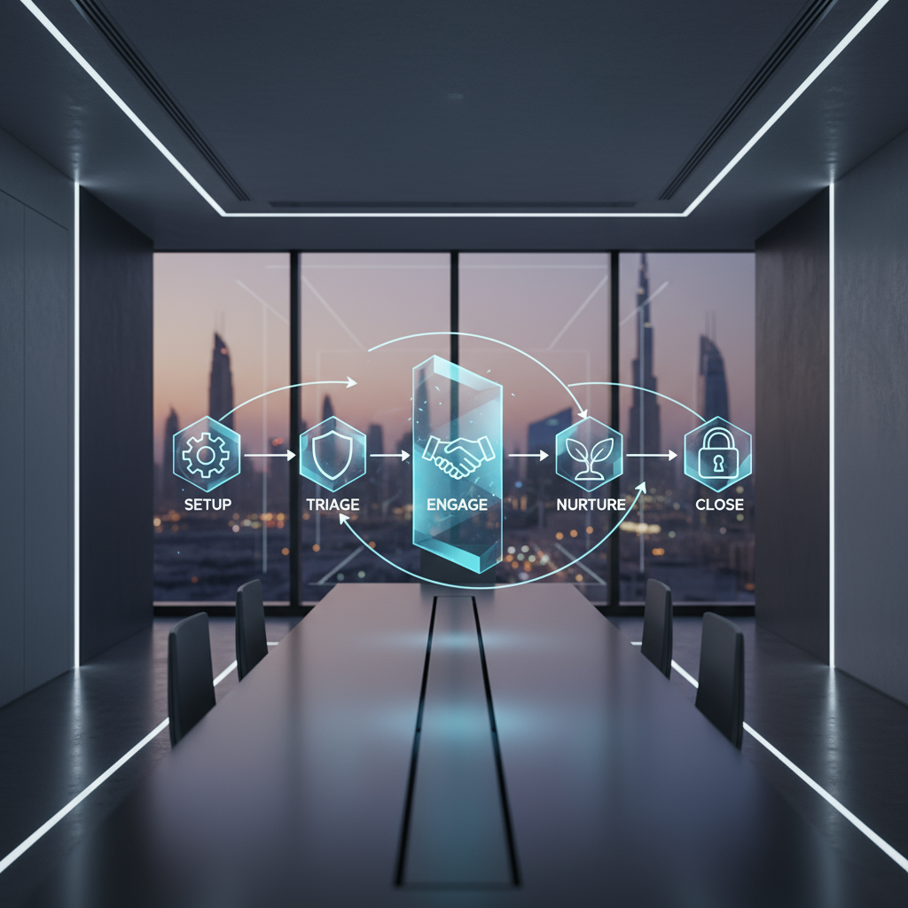 A flowchart showing the five steps: Setup, Triage, Engage, Nurture, and Close.