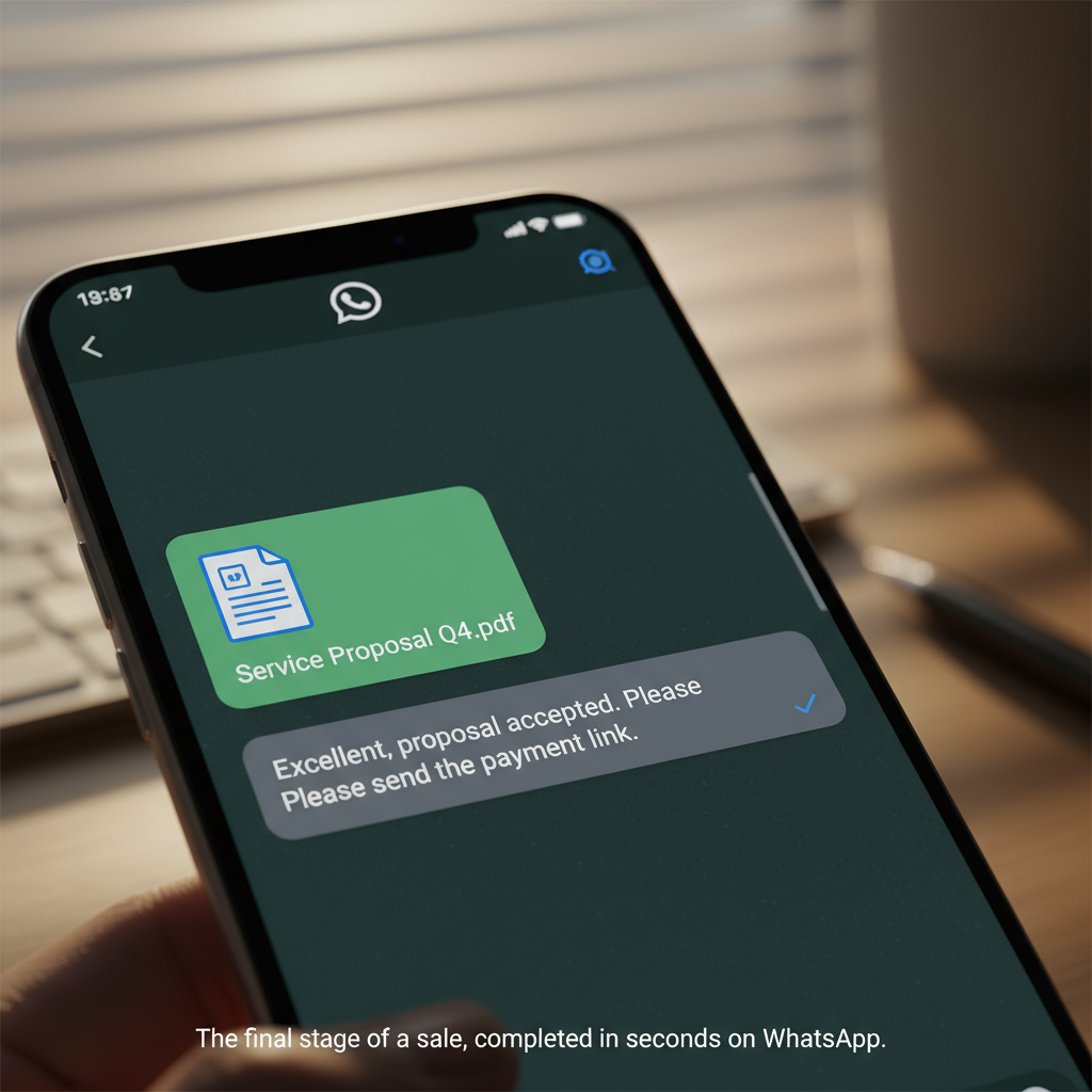 A screenshot of a WhatsApp chat showing a sales proposal PDF being sent and confirmed.